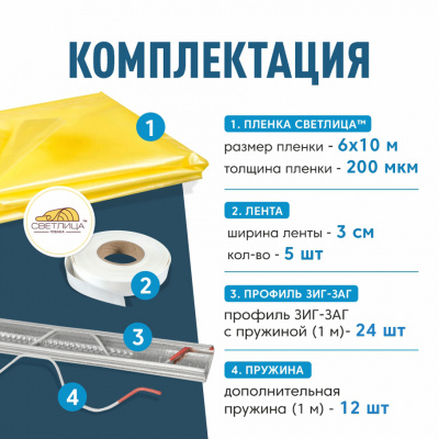 Комплект для монтажа пленки на теплицу 3х6м, пленка СВЕТЛИЦА™ 200 мкм 6х10м